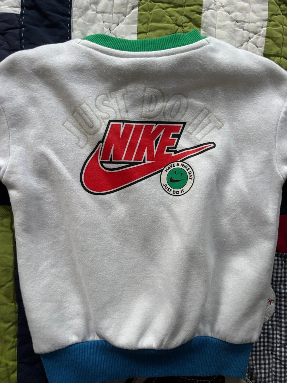 Nike White Sweatshirt with Green Collar and Blue Trim
